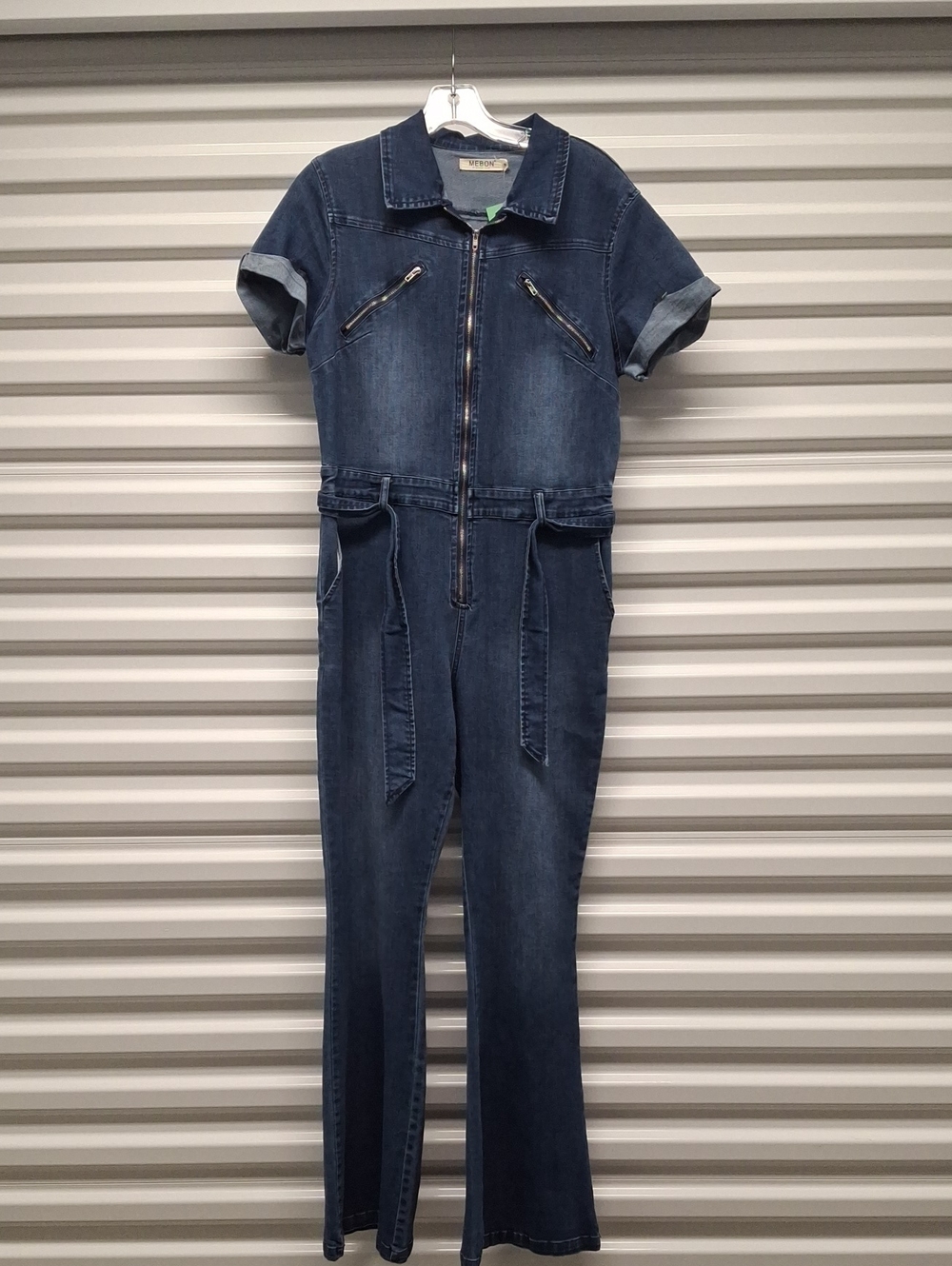 Classic Blue Denim Short-Sleeve Zip-Front Jumpsuit Overalls